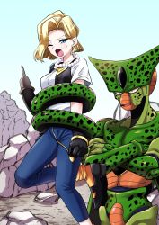 Rule 34 | 1girl, android 18, arms at sides, blonde hair, blue eyes, bob cut, breasts, cell (dragon ball), crossed arms, day, dragon ball, dragonball z, earrings, gloves, highres, hoop earrings, jewelry, legs, loose socks, medium breasts, medium hair, necklace, one eye closed, open mouth, outdoors, pearl necklace, restrained, shoes, sky, smile, socks, standing, susuanpan, tail, thighs, vest
