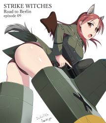 Rule 34 | 1girl, animal ears, ass, copyright name, dated, double-drum magazine, drum magazine, fumishige, general-purpose machine gun, gun, high-capacity magazine, highres, looking at viewer, machine gun, magazine (weapon), mg42, minna-dietlinde wilcke, no pants, open mouth, orange eyes, panties, purple panties, red hair, saddle-drum, simple background, solo, strike witches, striker unit, thighs, underwear, weapon, white background, world witches series