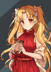 Rule 34 | 1girl, bangle, bare shoulders, bitter sweet (fate/grand order), blonde hair, blush, box, bracelet, breasts, casual, closed mouth, cross, cross necklace, dress, earrings, ereshkigal (bitter sweet) (fate), ereshkigal (fate), fate/grand order, fate (series), gift, gift box, hair ribbon, hands up, highres, holding, holding gift, hoop earrings, infinity symbol, jewelry, leatzche, long hair, looking at viewer, medium breasts, nail polish, necklace, off shoulder, parted bangs, red dress, red eyes, red ribbon, ribbon, ring, shawl, simple background, sleeveless, sleeveless dress, smile, solo, straight hair, two-tone background, two side up, upper body, valentine, very long hair, white ribbon