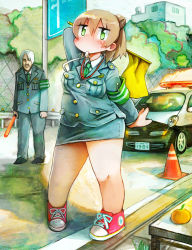 Rule 34 | 1boy, 1girl, armband, bad id, bad pixiv id, breasts, brown hair, car, facial hair, faux traditional media, flag, food, fruit, green eyes, hade na kangofu, medium breasts, motor vehicle, mouth hold, mustache, old, old man, orange (fruit), plump, police, police car, police uniform, policewoman, safety pin, standing, traffic cone, uniform, vehicle, whistle