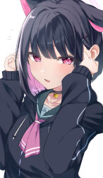 Rule 34 | 1girl, animal ears, black choker, black hair, black hoodie, blue archive, blunt bangs, blush, bob cut, cat choker, cat ears, choker, closed mouth, collarbone, colored inner hair, commentary request, extra ears, eyelashes, eyes visible through hair, hair ornament, hairclip, hands up, highres, hood, hood down, hoodie, kazusa (blue archive), light smile, looking at viewer, multicolored hair, neckerchief, noisy ma, notice lines, pink eyes, pink hair, pink neckerchief, short hair, simple background, sleeves past wrists, solo, tsurime, twitter username, upper body, white background