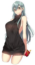 Rule 34 | 1girl, alternate costume, commentary request, green eyes, green hair, hair between eyes, highres, kantai collection, long hair, meme attire, onineko-chan, simple background, solo, suzuya (kancolle), white background