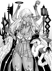 Rule 34 | 1girl, armor, bare shoulders, bell, belly chain, bikini armor, bracelet, breasts, cleavage, collarbone, earrings, extra arms, fate/grand order, fate (series), furauji, greyscale, grin, hair ribbon, jewelry, kali (fate), large breasts, long hair, looking at viewer, monochrome, neck ring, necklace, pelvic curtain, polearm, revealing clothes, ribbon, sash, smile, snake, solo, thighs, thumb ring, very long hair, weapon
