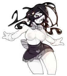 Rule 34 | 1girl, @ @, black hair, black sclera, black skirt, bow, bowtie, breasts, closed mouth, colored sclera, colored skin, cowboy shot, gloves, grey bow, grey bowtie, highres, ink, large areolae, large breasts, liquid hair, nipples, original, outstretched arms, panties, simple background, skirt, slugbox, solo, striped clothes, striped panties, thighs, topless, underwear, white background, white gloves, white panties, white skin