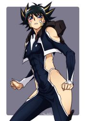 Rule 34 | 1boy, artist name, bare shoulders, black hair, blue eyes, bodysuit, clenched hands, cosplay, deepstrait, facial mark, fudo yusei, machi fuka, male focus, multicolored hair, signature, skin tight, skindentation, solo, soukyuu no fafner, streaked hair, synergetic suit, yu-gi-oh!, yu-gi-oh! 5d&#039;s