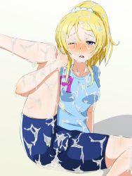 Rule 34 | 10s, 1girl, ayase eli, bike shorts, blonde hair, blue eyes, blush, breasts, cameltoe, cum, cum in mouth, cum on body, cum on breasts, cum on clothes, cum on hair, cum on lower body, cum on upper body, facial, highres, large breasts, leg up, legs, long hair, looking at viewer, love live!, love live! school idol festival, love live! school idol project, open mouth, ponytail, simple background, sitting, solo, thighs, white background, wince