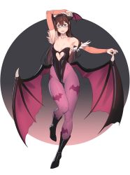Rule 34 | 1girl, alternate costume, animal print, armpits, arms up, bare shoulders, bat print, bat wings, black leotard, blush, boots, breasts, brown hair, clothing cutout, collarbone, commentary request, cosplay, covered navel, demon girl, demon wings, elbow gloves, full body, glasses, gloves, gluteal fold, green eyes, hairband, head wings, heart cutout, highleg, highleg leotard, highres, kantai collection, leg up, leotard, long hair, looking at viewer, low wings, morrigan aensland, morrigan aensland (cosplay), ooyodo (kancolle), pantyhose, parted lips, print pantyhose, purple pantyhose, purple wings, semi-rimless eyewear, sidelocks, simple background, small breasts, solo, standing, standing on one leg, strapless, strapless leotard, thighs, under-rim eyewear, vampire (game), wings, yuuji (and)