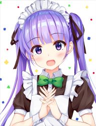 Rule 34 | 10s, 1girl, :d, alternate costume, apron, bad id, bad pixiv id, blunt bangs, blush, bow, bowtie, enmaided, eyelashes, green bow, green bowtie, hair ribbon, long hair, maid, maid apron, maid headdress, new game!, open mouth, own hands clasped, own hands together, pasdar, puffy short sleeves, puffy sleeves, purple eyes, purple hair, ribbon, short sleeves, simple background, smile, solo, suzukaze aoba, tareme, twintails, upper body, white apron, white background, wrist cuffs