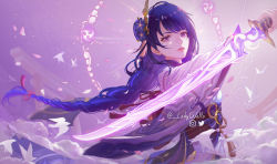 Rule 34 | 1girl, bird, braid, closed mouth, cloud, commentary, electricity, energy sword, english commentary, flower, genshin impact, hair ornament, highres, holding, holding sword, holding weapon, japanese clothes, kimono, ladywaltz, light particles, long hair, long sleeves, looking at viewer, mitsudomoe (shape), mole, mole under eye, obi, obiage, obijime, purple background, purple eyes, purple flower, purple hair, raiden shogun, ribbon, sash, solo, sparkle, sword, tassel, tomoe (symbol), twitter username, weapon, wide sleeves