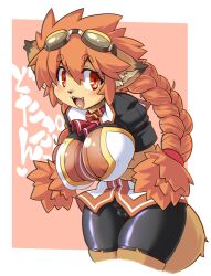 Rule 34 | 1girl, :d, animal collar, animal ears, animal nose, arms under breasts, ascot, bike shorts, border, braid, breasts, cameltoe, chromatic aberration, cleft of venus, collar, cropped legs, dwarf (totomono), furry, furry female, goggles, goggles on head, heart, highres, ken to mahou to gakuen mono, large breasts, leaning forward, looking at viewer, open mouth, pink background, red ascot, red eyes, red hair, short sleeves, smile, solo, tail, takura mahiro, twin braids, white border