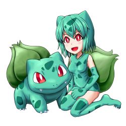 Rule 34 | 1girl, blush, breasts, bulbasaur, claws, closed mouth, collarbone, creatures (company), dress, elbow gloves, fangs, female focus, full body, game freak, gen 1 pokemon, gloves, green dress, green gloves, green hair, green thighhighs, happy, highres, kneeling, looking at viewer, nintendo, open mouth, personification, pokemon, pokemon (creature), red eyes, shiny clothes, short dress, short hair, shougun (chuckni1), simple background, sitting, skindentation, sleeveless, sleeveless dress, small breasts, smile, standing, thighhighs, white background, zettai ryouiki