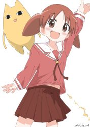 Rule 34 | 1girl, :d, absurdres, arm up, azumanga daiou, bad id, bad pixiv id, blush, brown eyes, brown hair, brown skirt, mihama chiyo&#039;s father, commentary, cowboy shot, cynical (llcbluckg c004), highres, long sleeves, mihama chiyo, mihama chiyo&#039;s father, open mouth, outstretched arm, parted bangs, red shirt, sailor collar, school uniform, serafuku, shirt, simple background, skirt, sleeves past wrists, smile, twintails, twitter username, white background, white sailor collar