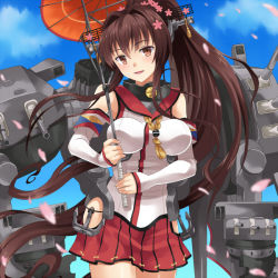 Rule 34 | 10s, 1girl, antennae, bare shoulders, blue sky, breasts, brown eyes, brown hair, cannon, cloud, day, detached sleeves, flower, hair flower, hair ornament, kantai collection, large breasts, long hair, looking at viewer, machinery, miniskirt, oil-paper umbrella, personification, petals, ponytail, rasahan, shirt, skirt, sky, smile, solo, umbrella, very long hair, yamato (kancolle)
