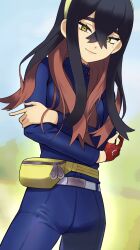 Rule 34 | 1girl, belt, belt buckle, black hair, blue jacket, blue pants, buckle, carmine (pokemon), closed mouth, commentary request, creatures (company), crossed bangs, day, eyelashes, fanny pack, game freak, gloves, hair between eyes, highres, jacket, long hair, long sleeves, looking at viewer, mole, mole under eye, nintendo, outdoors, pants, partially fingerless gloves, pokemon, pokemon sv, red gloves, ryo (tmsm7885), single glove, smile, solo, white belt, yellow bag, yellow eyes, zipper, zipper pull tab