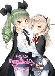 Rule 34 | 2girls, anchovy, anchovy (cosplay), anchovy (girls und panzer), anzio school uniform, arm around waist, bandaged hand, bandages, belt, black belt, black cape, black neckwear, black ribbon, black skirt, blush, boko (girls und panzer), bow, brown eyes, cape, character name, closed mouth, commentary, cosplay, dated, dress shirt, drill hair, english text, from side, girls und panzer, green hair, hair ribbon, highres, light brown hair, long hair, long sleeves, looking at viewer, miniskirt, multiple girls, necktie, one side up, open mouth, outline, pantyhose, pleated skirt, red bow, red eyes, ribbon, school uniform, shimada arisu, shirt, simple background, skirt, smile, somalisu, standing, twin drills, twintails, v-shaped eyebrows, white background, white legwear, white outline, white shirt