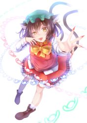 Rule 34 | 1girl, adapted costume, animal ears, backlighting, bad id, bad pixiv id, brown eyes, brown hair, cat ears, cat girl, cat tail, chen, dabadhi, danmaku, earrings, fang, female focus, fingernails, full body, hat, highres, jewelry, multiple tails, plaid, plaid skirt, ribbon, sharp fingernails, shoes, short hair, simple background, single earring, skirt, socks, solo, tail, tongue, tongue out, touhou, white socks