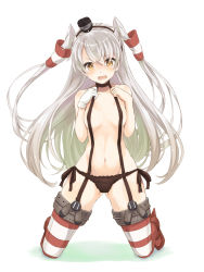 Rule 34 | 10s, 1girl, amatsukaze (kancolle), azuuru (azure0608), bad id, bad pixiv id, breasts, brown eyes, censored, collar, convenient censoring, covered erect nipples, garter straps, groin, hat, highres, kantai collection, kneeling, long hair, naked suspenders, navel, panties, side-tie panties, silver hair, small breasts, solo, striped clothes, striped thighhighs, suspenders, tears, thighhighs, topless, twintails, two side up, underwear