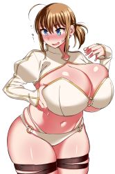 Rule 34 | 1girl, ahoge, blue eyes, blush, boudica (fate), boudica (fate) (cosplay), bra, breasts, brown hair, cleavage, cosplay, curvy, fate (series), highres, huge ahoge, huge breasts, juliet sleeves, komusou (jinrikisha), long sleeves, navel, o-ring, o-ring bottom, o-ring top, ooba minori, open mouth, original, puffy sleeves, short ponytail, shrug (clothing), sidelocks, simple background, skindentation, solo, thick thighs, thigh strap, thighhighs, thighs, thong, underwear, white background