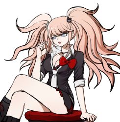 Rule 34 | 1girl, arm support, bear hair ornament, black choker, black footwear, black nails, black shirt, blue eyes, boots, bow, breasts, choker, cleavage, collarbone, crossed legs, danganronpa: trigger happy havoc, danganronpa (series), enoshima junko, hair ornament, highres, knee boots, large breasts, long hair, nail polish, necktie, no (xpxz7347), open mouth, red bow, red skirt, shirt, sitting, skirt, sleeves rolled up, smile, solo, twintails, white necktie
