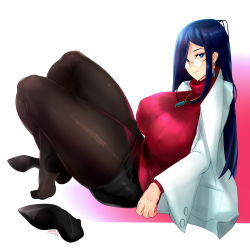 Rule 34 | 1girl, blue eyes, blue hair, breasts, closed mouth, collar, covered erect nipples, earrings, full body, glasses, high heels, highres, huge breasts, jewelry, justice gakuen, lab coat, legs, long hair, long sleeves, looking at viewer, matching hair/eyes, minazuki kyouko, miniskirt, pantyhose, pink background, shoes, unworn shoes, sitting, skirt, smile, solo, sweater, swept bangs, thick thighs, thighs, turtleneck, turtleneck sweater, two-tone background, white background, zcune