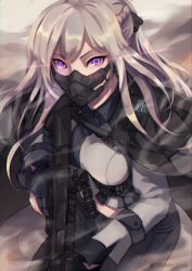 Rule 34 | 1girl, absurdres, ak-12, ak-12 (girls&#039; frontline), assault rifle, black ribbon, braid, caiman pool, cape, finger on trigger, floating, framed breasts, french braid, gas mask, girls&#039; frontline, gloves, glowing, glowing eyes, gun, highres, holding, holding gun, holding weapon, jacket, kalashnikov rifle, long hair, long sleeves, looking at viewer, mask, mouth mask, purple eyes, ribbon, rifle, sidelocks, silver hair, solo, trigger discipline, weapon