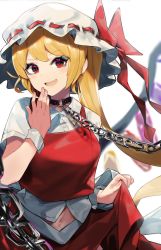 Rule 34 | 1girl, black choker, blonde hair, blurry, blush, bow, breasts, buttons, chain, choker, collared shirt, commentary request, crystal, eyelashes, fang, fingernails, flandre scarlet, hands up, hat, hat bow, highres, jewelry, kurowa (curowa), looking to the side, medium breasts, mob cap, multicolored wings, nail polish, navel, one side up, open mouth, pink nails, red bow, red eyes, red skirt, red vest, shirt, short hair, short sleeves, silver chain, simple background, skirt, smile, solo, standing, tongue, touhou, vest, white background, white hat, white shirt, wings, wrist cuffs