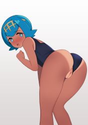Rule 34 | 1girl, ass, bare arms, bent over, blue eyes, blue hair, blush, bright pupils, cleft of venus, commentary, creatures (company), dark-skinned female, dark skin, eyelashes, freckles, game freak, hairband, highres, lana (pokemon), looking back, nintendo, no sclera, one-piece swimsuit, panapana (pixiv 12562150), pokemon, pokemon sm, pussy, short hair, solo, swimsuit, tagme, tan, tanline, uncensored, white pupils, yellow hairband