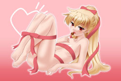 Rule 34 | 1girl, barefoot, blonde hair, candy, chocolate, chocolate heart, food, ghost sweeper mikami, hakkai, heart, highres, legs, long hair, lying, naked ribbon, nude, on back, red eyes, ribbon, solo, tamamo (ghost sweeper mikami), tongue