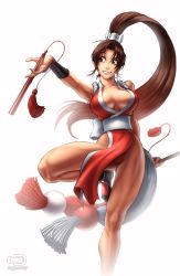 Rule 34 | 00s, 1girl, 2007, breasts, brown hair, cleavage, folded fan, dated, dual wielding, fatal fury, folding fan, hand fan, highres, holding, huge breasts, legs, long hair, muscular, omar dogan, panties, pantyshot, pelvic curtain, ponytail, revealing clothes, shiranui mai, smile, snk, solo, the king of fighters, underwear
