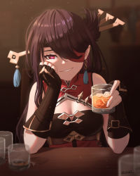Rule 34 | 1girl, :d, beidou (genshin impact), black gloves, black hair, breasts, chinese clothes, cleavage, commentary, cup, drink, drinking glass, elbow gloves, genshin impact, gloves, grin, hair ornament, hairpin, highres, ice, ice cube, long hair, looking at viewer, open mouth, red eyes, ricardo contreras, sidelocks, smile, solo