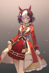 Rule 34 | 1girl, absurdres, animal ears, brown hair, clenched hands, closed mouth, coat, corset, feet out of frame, flaming eye, frown, gloves, gradient background, highres, horse ears, long sleeves, multicolored hair, pleated skirt, purple eyes, red coat, red skirt, short sleeves, skirt, solo, special week (supreme commander) (umamusume), special week (supreme commander of the rising sun) (umamusume), special week (umamusume), two-tone hair, umamusume, v-shaped eyebrows, white gloves, wufaxianshi cnd