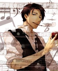Rule 34 | 1boy, alcohol, bad id, bad pixiv id, bass clef, beamed eighth notes, beamed sixteenth notes, black bow, black bowtie, bow, bowtie, brown hair, cup, drinking glass, katsuragi jun&#039;ichi, male focus, mikann0206, musical note, quarter note, sakamichi no apollon, sixteenth rest, smoking, solo, standing, traditional bowtie, treble clef, undone bowtie, unworn bowtie, upper body, vest, wine, wine glass
