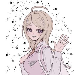 1girl :d ahoge akamatsu_kaede backpack bag blonde_hair brown_necktie danganronpa_(series) danganronpa_v3:_killing_harmony fortissimo grey_shirt hair_ornament highres long_hair long_sleeves looking_at_viewer musical_note musical_note_hair_ornament necktie open_mouth pink_eyes pink_sweater_vest raamensusure shirt simple_background smile solo star_(symbol) sweater_vest teeth upper_body upper_teeth_only white_bag