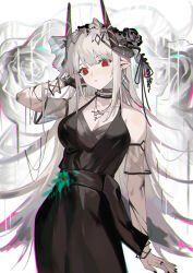 Rule 34 | 1girl, absurdres, arknights, bare shoulders, black collar, black dress, black flower, black gloves, black nails, breasts, closed mouth, collar, cross, cross necklace, dress, earrings, flower, gloves, hair flower, hair ornament, highres, horns, jewelry, krin (krinnin), long hair, medium breasts, mudrock (arknights), mudrock (obsidian) (arknights), nail polish, necklace, official alternate costume, pointy ears, red eyes, single earring, single glove, solo, white background, white hair