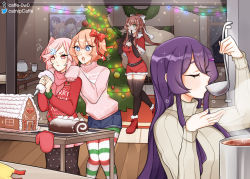 Rule 34 | + +, 4girls, :&lt;, :o, beige sweater, belt, black gloves, black legwear, blue eyes, bow, brown hair, caffe0w0, capelet, casual, christmas, christmas tree, closed eyes, clothes writing, commentary, cookie, cooking, doki doki literature club, dress, elbow gloves, english commentary, finger to mouth, food, gloves, green eyes, hair between eyes, hair bow, hair ornament, hair ribbon, hairclip, hands on another&#039;s shoulders, highres, icing, indoors, ladle, long hair, long sleeves, milk, monika (doki doki literature club), multiple girls, natsuki (doki doki literature club), pantyhose, pantyhose under shorts, pastry, pink eyes, pink hair, pink scarf, pink sweater, ponytail, purple hair, red bow, red sweater, ribbed sweater, ribbon, sack, santa costume, santa dress, sayori (doki doki literature club), scarf, short hair, short shorts, shorts, shushing, sleeves past fingers, sleeves past wrists, snowflake hair ornament, steam, striped legwear, sweater, swept bangs, table, tasting, thighhighs, turtleneck, turtleneck sweater, white ribbon, wooden floor, yuri (doki doki literature club)