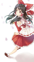 Rule 34 | cherry blossoms, commentary request, detached sleeves, frills, hair ribbon, hair tubes, hakurei reimu, highres, looking at viewer, ribbon, ryokucha manma, shoes, simple background, skirt, smile, solo, standing, standing on one leg, touhou