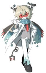 Rule 34 | 1boy, black eyes, blonde hair, coat, cuffs, dirty blonde, endeon, full body, glasses, gloves, hand on own hip, highres, horns, humanization, kokum0tsu, lab coat, male focus, monster boy, original, scarf, short hair, smug, solo, solo focus, tail, teeth, vest, white background, wings