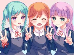 3girls :d ^_^ aqua_hair blue_jacket blunt_bangs blush braid closed_eyes closed_mouth collared_shirt commentary double_v dress dress_shirt green_eyes grey_dress highres jacket long_hair long_sleeves looking_at_viewer love_live! love_live!_superstar!! medium_hair multiple_girls neck_ribbon onitsuka_tomari open_clothes open_jacket open_mouth orange_hair osoba_(osobaomochi) pink_eyes purple_hair red_ribbon ribbon school_uniform shibuya_kanon shirt side_braids sidelocks smile tomakanote_(love_live!) twin_braids upper_body v v-shaped_eyebrows wavy_hair white_shirt wien_margarete winter_uniform wrist_ribbon yuigaoka_school_uniform