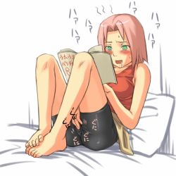 Rule 34 | 1girl, ass, bare shoulders, barefoot, bed, bike shorts, blush, book, breasts, clothed masturbation, drooling, feet, feet together, female masturbation, female pervert, fingering, fingering through clothes, fujoshi, full body, green eyes, haruno sakura, knees up, legs, masturbation, mosha, naruto, naruto (series), on bed, open book, open mouth, penis, pervert, pillow, pink hair, pornography, reading, red shirt, saliva, shirt, short hair, shorts, sitting, skirt, sleeveless, sleeveless shirt, small breasts, solo, spandex, sweat, tank top, thighs, through clothes, toes, viewing pornography