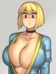Rule 34 | 1girl, :o, black eyes, blonde hair, blue jumpsuit, bob cut, breasts, choker, cleavage, collarbone, fallout (series), grey background, highres, jumpsuit, kelvin hiu, large breasts, looking at breasts, mob face, short hair, simple background, solid oval eyes, solo, unzipped, vault girl, vault suit