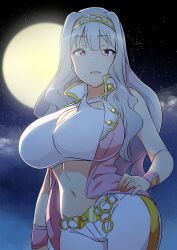 Rule 34 | 1girl, absurdres, backlighting, bare shoulders, blush, breasts, chain belt, cleavage, cloud, cowboy shot, crop top, cropped shirt, dot nose, full moon, gold belt, grey hair, hairband, hand on own hip, highres, idolmaster, idolmaster (classic), idolmaster million live!, idolmaster million live! theater days, jacket, large breasts, long hair, looking at viewer, midriff, momo no suidou-sui, moon, navel, night, open clothes, open jacket, open mouth, outdoors, pants, pink diamond 765 (idolmaster), pink jacket, pink wristband, purple eyes, shijou takane, shirt, sky, sleeveless, sleeveless jacket, smile, solo, standing, star (sky), starry sky, white pants, white shirt, yellow hairband