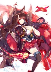 Rule 34 | 1girl, absurdres, aircraft, airplane, akagi (azur lane), animal ears, azur lane, black gloves, black kimono, black socks, blunt bangs, breasts, brown hair, cleavage, collarbone, commentary request, eyebrows hidden by hair, eyeliner, eyeshadow, finger to mouth, fireball, flight deck, fox ears, fox tail, gloves, highres, japanese clothes, kikurage tom., kimono, kneehighs, lace, lace-trimmed kimono, lace trim, large breasts, lipstick, long hair, looking at viewer, makeup, multiple tails, parted lips, partially fingerless gloves, pleated skirt, print kimono, red eyes, red skirt, rudder footwear, shikigami, shirt, skirt, socks, solo, standing, standing on one leg, tail, thighhighs, white background, white shirt, wide sleeves, zettai ryouiki