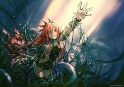Rule 34 | 1girl, bare shoulders, blood, blood on face, blueuroko, bracelet, cable, commentary, crown, empty eyes, gem, granblue fantasy, hair between eyes, jewelry, leotard, light, long hair, outstretched arm, outstretched hand, parted lips, reaching, red eyes, red hair, solo, wide-eyed, wire, yatima