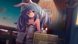 Rule 34 | 1girl, ame., animal ear fluff, animal ears, bare arms, bare shoulders, barrel, black leotard, black pantyhose, blue hair, blush, bottle, breasts, cellphone, character name, cleavage, collarbone, cowboy shot, crate, cup, drinking glass, english text, evening, fur trim, highres, holding, holding phone, hololive, juice box, leotard, leotard under clothes, long hair, looking at viewer, multicolored hair, outdoors, own hands together, pantyhose, parted lips, pekomon (usada pekora), phone, rabbit-shaped pupils, rabbit ears, railing, red eyes, sidelocks, sky, small breasts, smartphone, solo, star (sky), starry sky, strapless, strapless leotard, sunlight, sunset, symbol-shaped pupils, thick eyebrows, twintails, two-tone hair, usada pekora, usada pekora (1st costume), very long hair, virtual youtuber, water, white hair