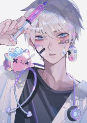 Rule 34 | 1boy, bad id, bad twitter id, bandage on face, bandages, bishounen, blue eyes, bottle earrings, cold pack, doctor, earrings, fever, heart, highres, holding, holding syringe, injection, inuchiru, jewelry, lab coat, looking at viewer, male focus, pill, shirt, short hair, sick, single earring, solo, stethoscope, syringe, t-shirt, thermometer, white background, x x, yami kawaii