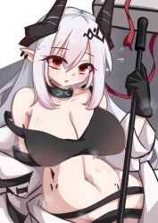 Rule 34 | 1girl, absurdres, arknights, arm support, black gloves, blush, breasts, cleavage, collar, collarbone, dior-zi, earrings, flying sweatdrops, gloves, grey background, grey hair, groin, hair ornament, hammer, highres, holding, holding hammer, holding weapon, horns, infection monitor (arknights), jewelry, large breasts, leaning back, long hair, long sleeves, looking at viewer, material growth, mudrock (arknights), mudrock (elite ii) (arknights), navel, open clothes, open mouth, oripathy lesion (arknights), pointy ears, red eyes, solo, sports bra, steaming body, stomach, strap slip, two-tone background, upper body, very long hair, weapon, white background