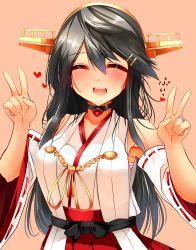Rule 34 | 10s, 1girl, bad id, bad nicoseiga id, bare shoulders, black hair, blush, closed eyes, collar, detached sleeves, double v, hair ornament, hairband, hairclip, haruna (kancolle), headgear, highres, japanese clothes, kantai collection, long hair, nontraditional miko, open mouth, simple background, smile, solo, tsukui kachou, v
