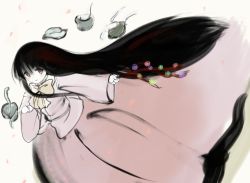 Rule 34 | 1girl, black hair, bow, bowtie, branch, brown eyes, cherry blossoms, hime cut, houraisan kaguya, jeweled branch of hourai, leaf, long hair, long skirt, looking at viewer, oshouyu tabetai, pink shirt, pink skirt, shirt, skirt, solo, touhou, white background