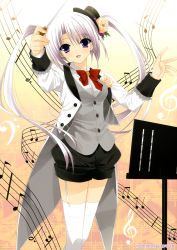 Rule 34 | 1girl, absurdres, artist name, bass clef, beamed quavers, bow, bowtie, buttons, conductor, dress shirt, eyebrows, flower, frills, garter straps, hat, hat flower, highres, holding, holding wand, long hair, long sleeves, looking at viewer, mini hat, musical note, open mouth, purple eyes, quaver, red bow, red bowtie, rose, shirt, silver hair, solo, staff (music), suzuhira hiro, thighhighs, treble clef, twintails, very long hair, waistcoat, wand, white thighhighs