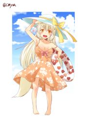 Rule 34 | 1girl, animal ears, arm up, armpits, bare arms, barefoot, blonde hair, blue sky, bow, breasts, brown dress, cleavage, cloud, collarbone, day, dress, eyebrows, fang, floral print, fox ears, fox tail, hat, hat bow, heart, kohaku (yua), large breasts, looking at viewer, open mouth, original, sky, sleeveless, sleeveless dress, slit pupils, smile, solo, strap slip, sundress, tail, thick eyebrows, yellow eyes, yua (checkmate)